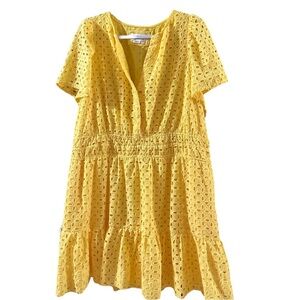 Anthropologie Somerset Mini Dress Eyelet Yellow 2X Boho sunshine brunch summer